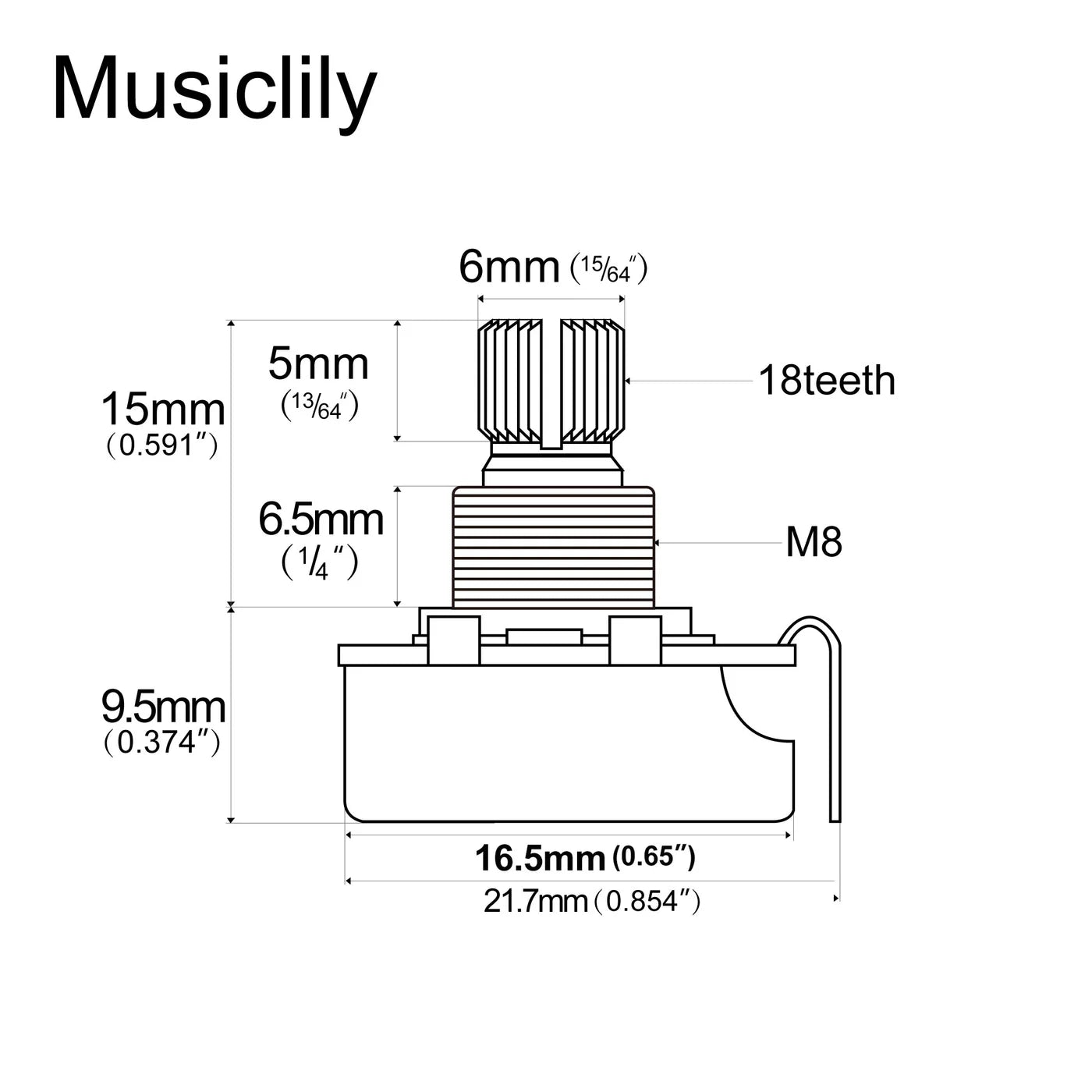 Musiclily Pro HD Audio (Log) Brass Short Split Shaft Mini B250k Pot