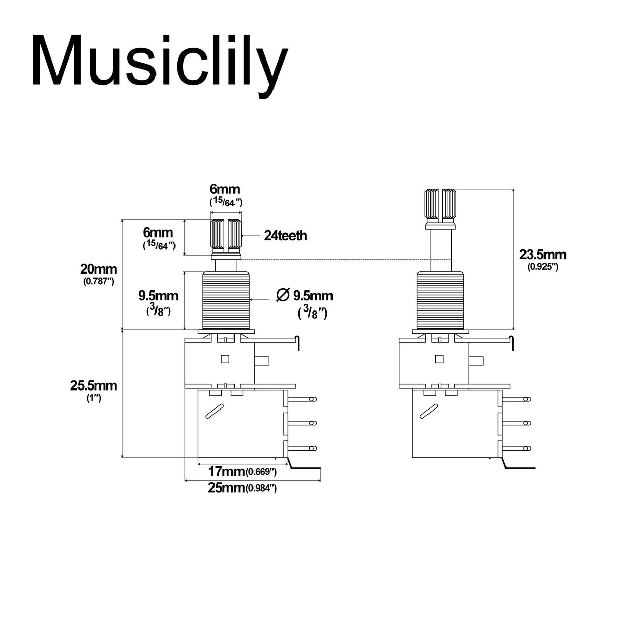 Musiclily Pro Push Push Audio (Log) Imperial Split Shaft 250k Pot
